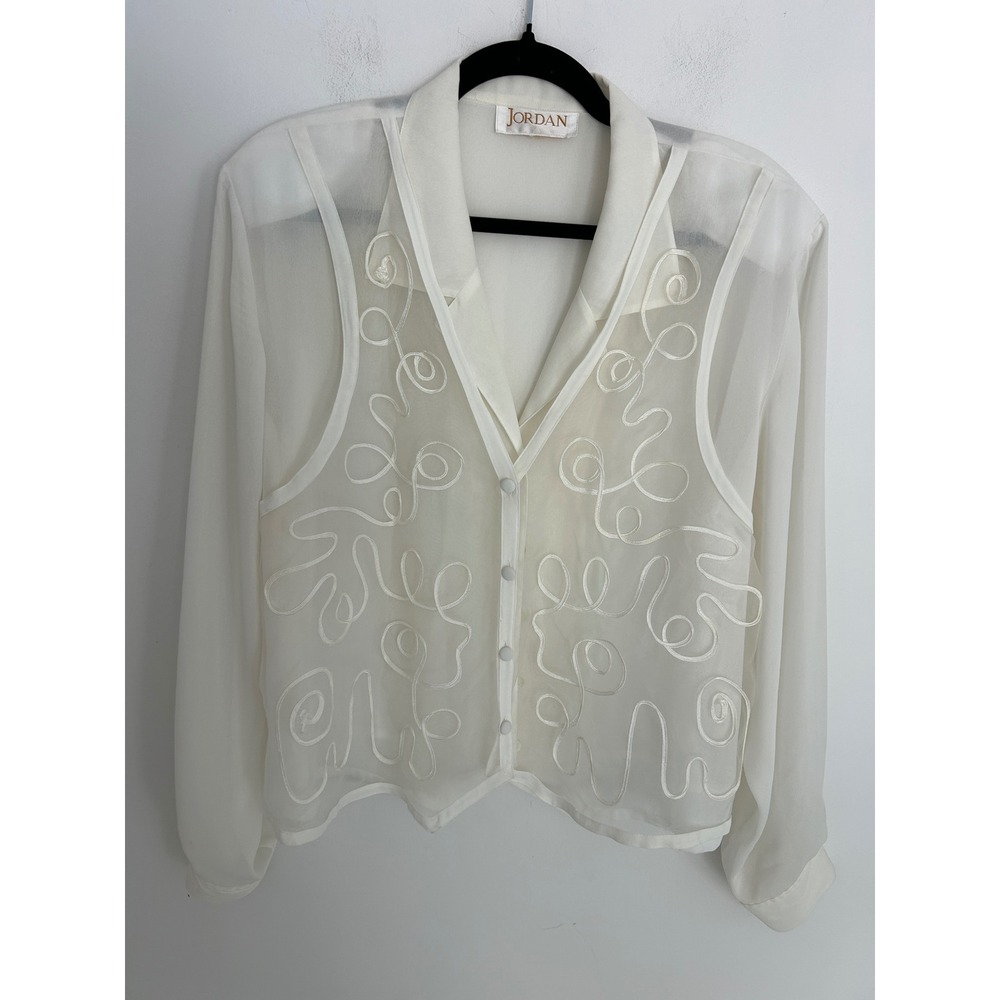 Vintage Jordan White Sheer Soutache Ribbon Embroidered Button Down Blouse Top